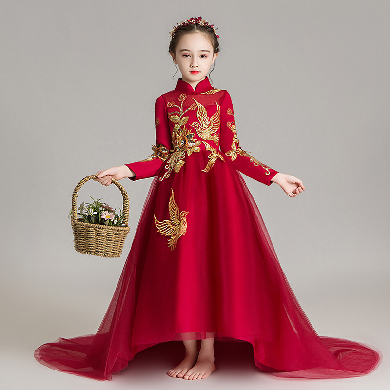 儿童晚礼服公主裙超长拖尾婚纱小模特走秀演出服拖地女童红色旗袍