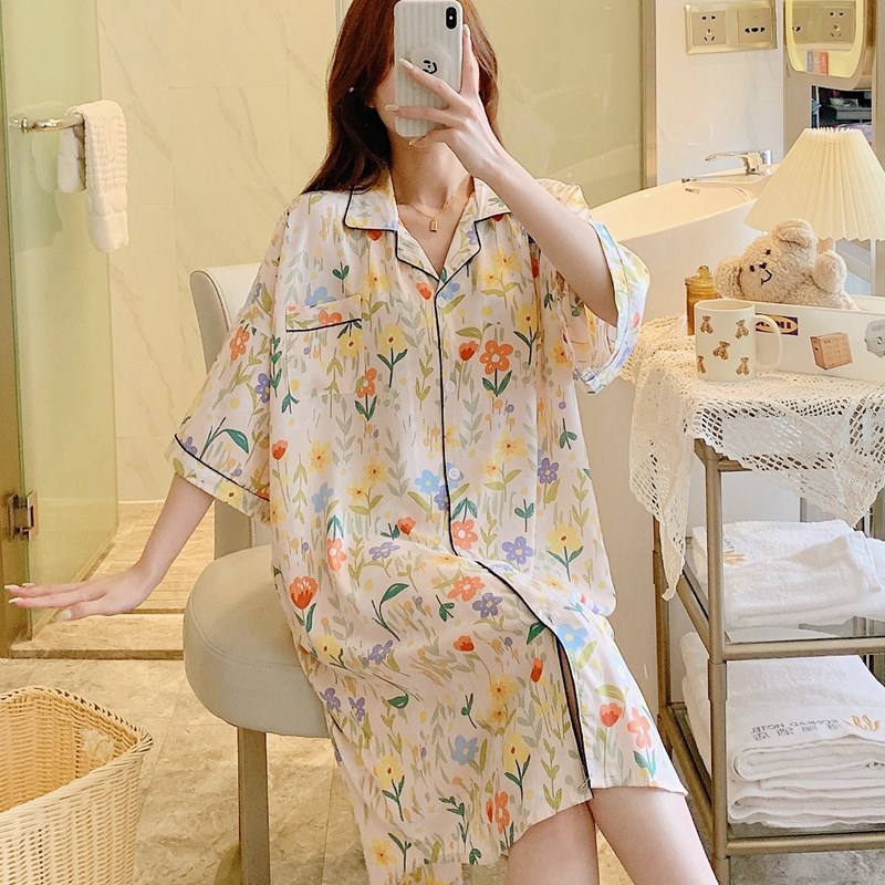 短袖棉绸睡裙衬衫睡衣女夏人造棉连衣裙孕妇睡衣裙男友风大码200