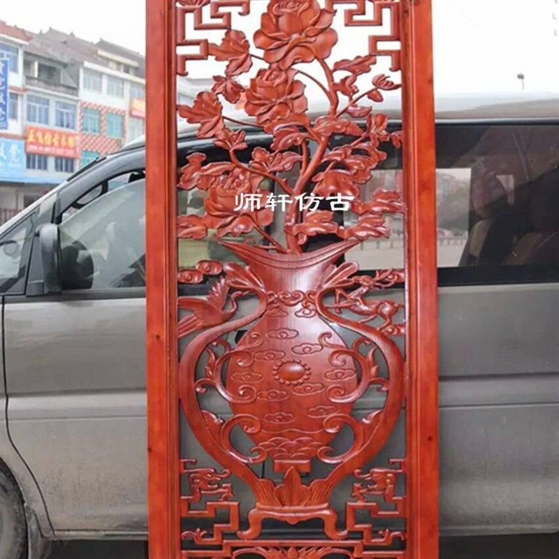 东阳木雕中式装修雕花镂空浮雕玄关隔断屏风祥云花板隔断实木定制