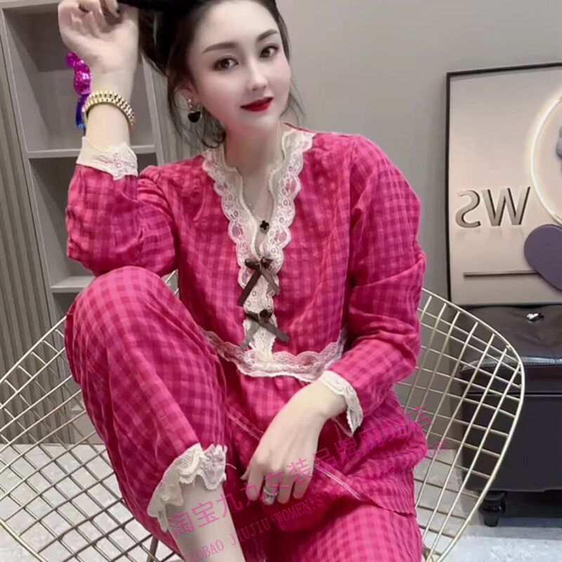 韩版格子家居服套装女士秋季甜美蕾丝花边V领长袖睡衣长裤两件套