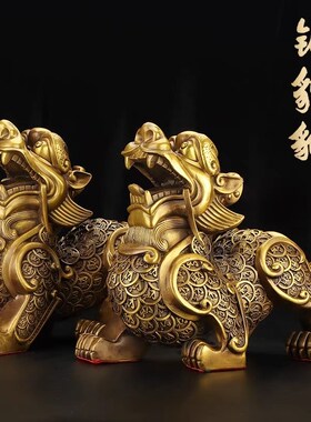 纯黄铜貔貅摆件一对公母皮丘麒麟店铺家居办公桌乔迁开业工艺礼品