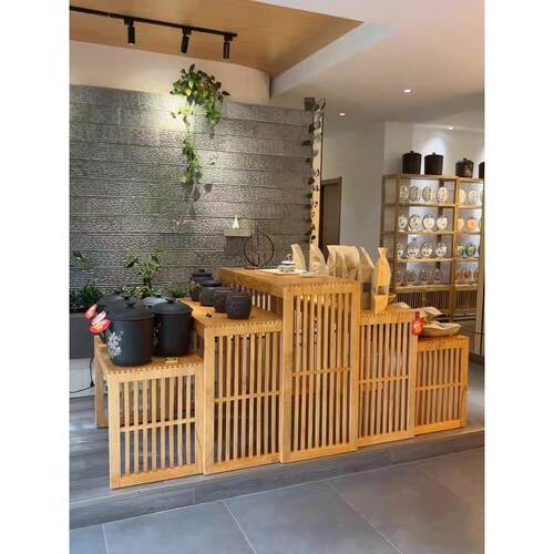 茶叶店中岛架流水台展示桌实木阶梯式置物货架中式展会产品陈列柜