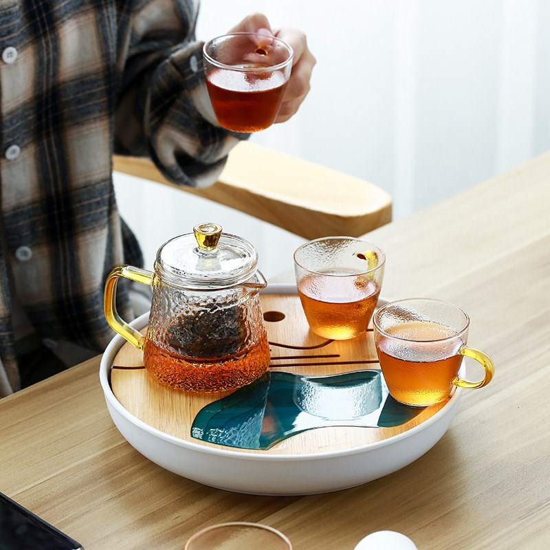 创意茶盘茶具套装配玻璃锤纹泡茶壶带四个手柄茶杯