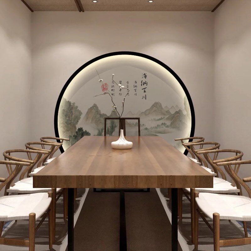 山水画入户玄关装饰画新中式圆形进门走廊过道壁画壁纸墙纸墙布3d