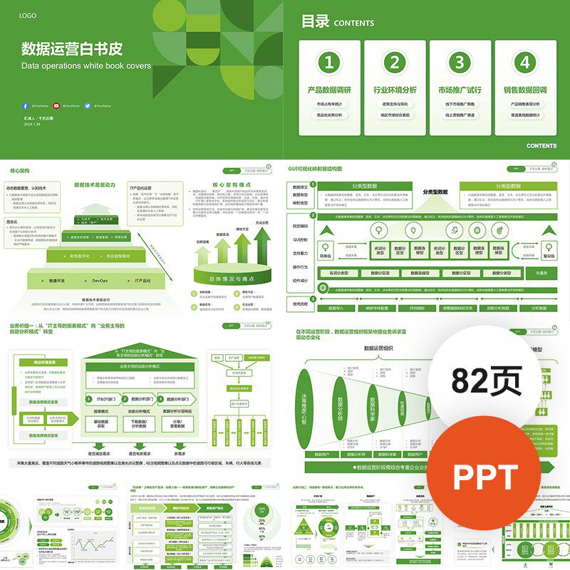 高级感蓝绿色数字运营白书皮流程房型图逻辑架构图素材PPT模板