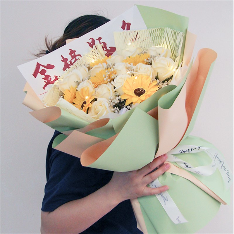 毕业季高考季网红玫瑰向日葵香皂花混搭仿真大花束生日礼物送老师