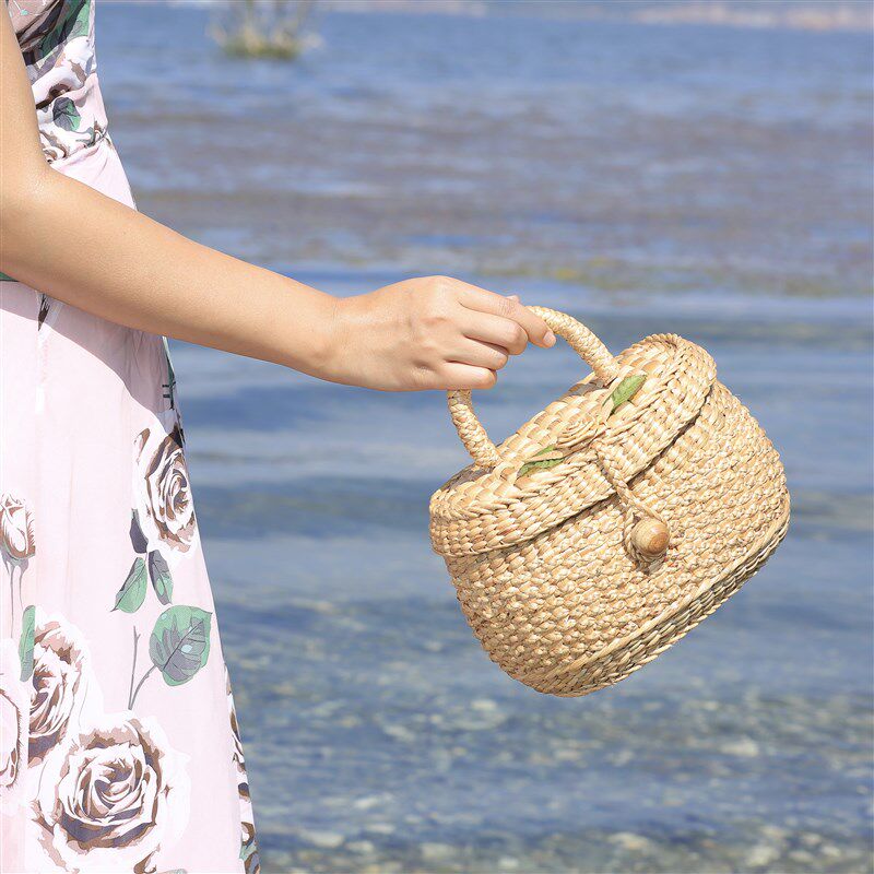 包邮 泰国手工编织藤编包 女神化妆品收纳盒 海滩度假手提草编包