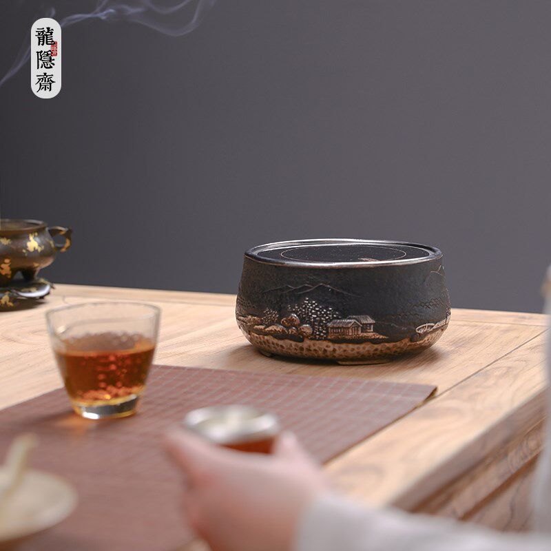 龙隐斋电陶炉煮茶器家用烧水炉铁壶银壶陶壶煮茶器铁包银烟波千里