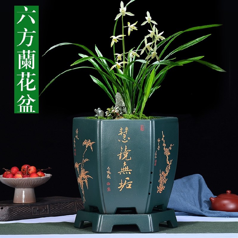 精品紫砂花盆六方形兰花盆君子兰盆带托盘兰草盆陶瓷盆兰花专用盆