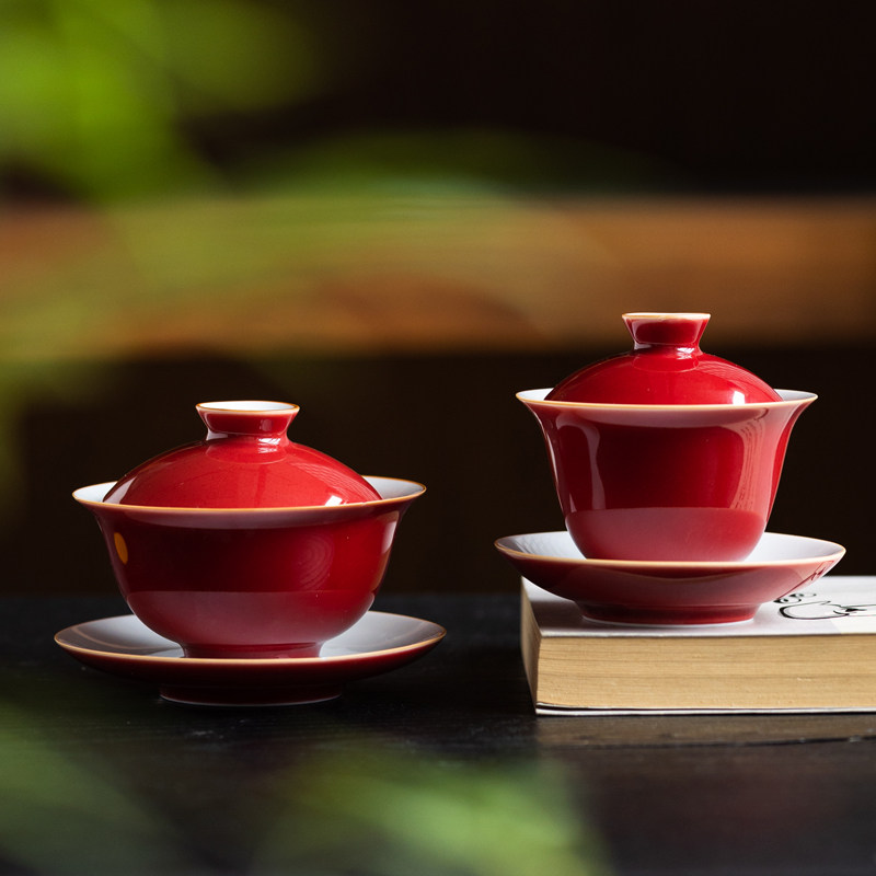 红色盖碗茶杯霁红釉敬茶碗泡茶碗三才盖碗结婚陶瓷茶具茶碗敬茶杯