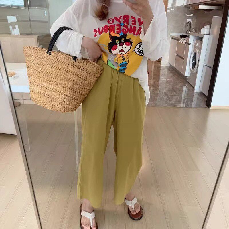 孕妇裤子外穿夏季薄款透气大码宽松小个子棉麻孕妇阔腿裤九分裤夏