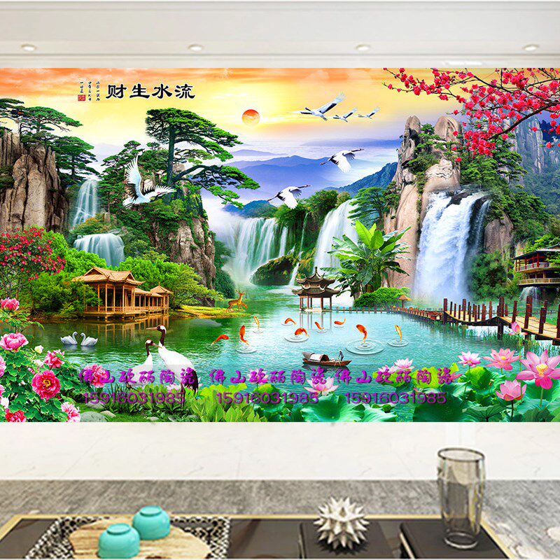 瓷砖电视背景墙岩板户外微晶石大理石客厅雕刻立体山水风景迎客松