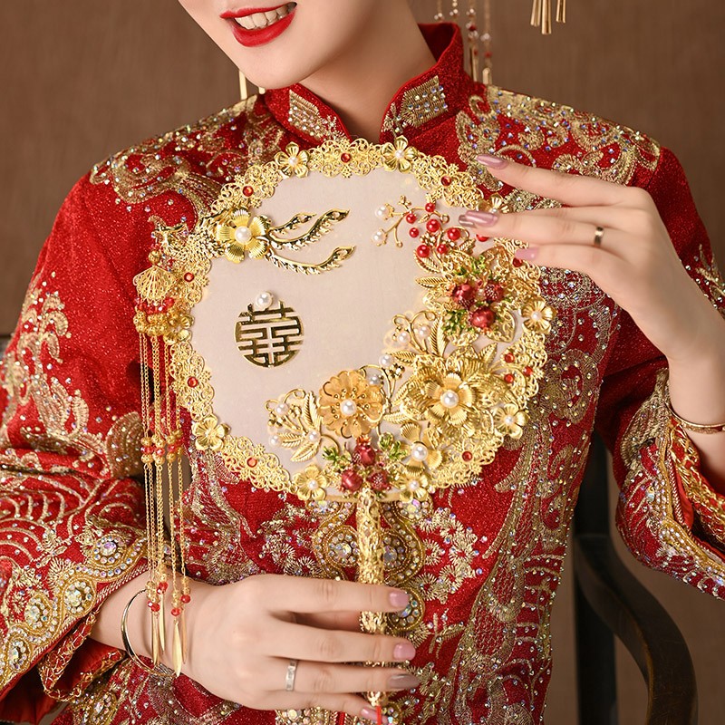 新娘结婚礼扇子出嫁手捧花中式古风团扇秀禾服手工喜扇diy材料包