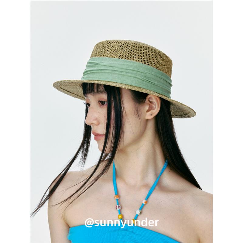 法式复古海草色平顶草帽女夏季出游透气防晒遮阳帽度假礼帽潮ins