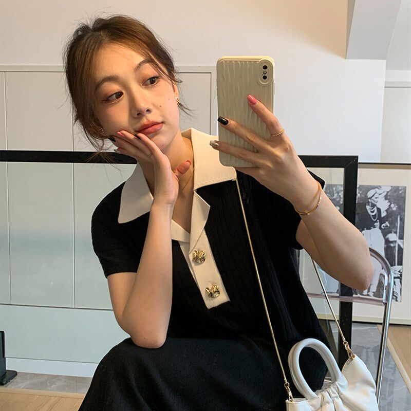 WAWA孕妇装夏季赫本风撞色法式冰丝连衣裙polo领连衣裙显瘦小黑裙