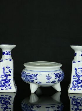 景德镇青花瓷香炉烛台套装竹签棉芯两用双龙寿比南山中式风格摆件