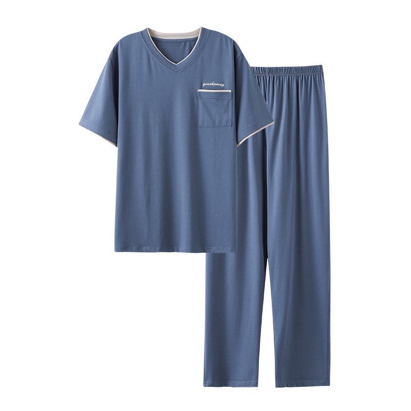 莫代尔男士睡衣夏季薄款短袖长裤中年爸爸v领可外穿加大码家居服
