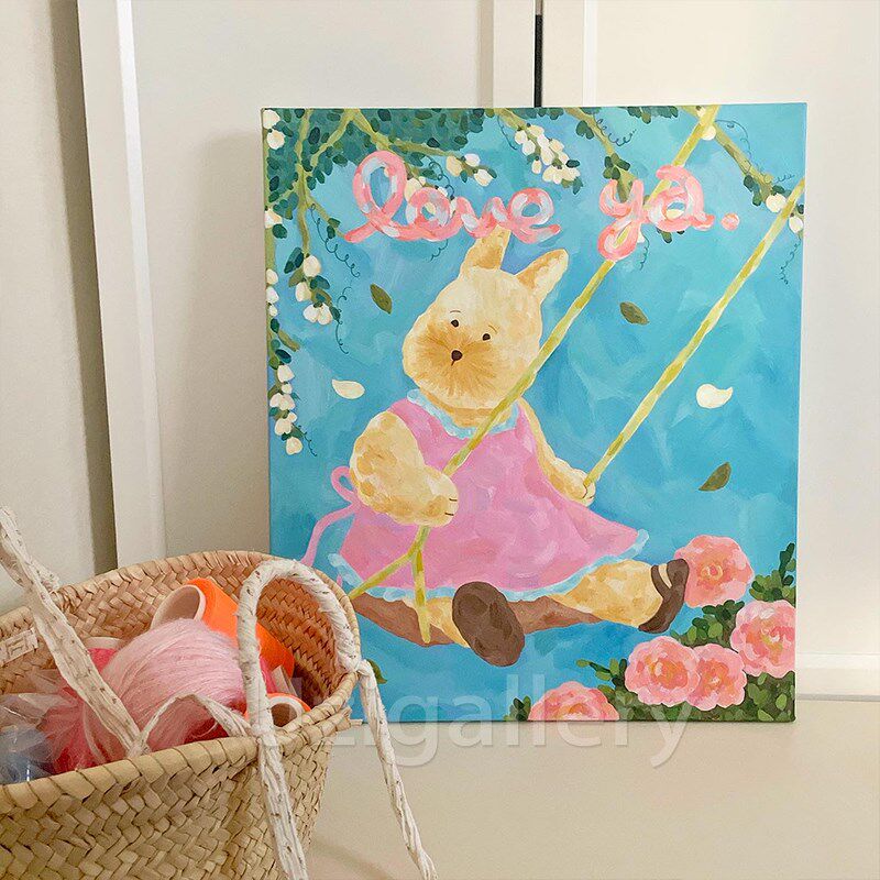 可爱暴击~秋千小兔韩国可爱卧室无框挂画儿童房女孩房床头装饰画