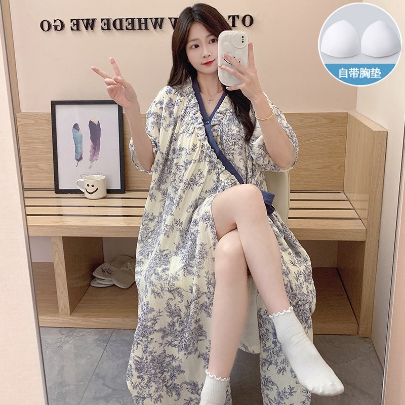 睡袍女款夏季带胸垫高级感短袖睡裙夏天和服式浴袍女士睡衣家居服