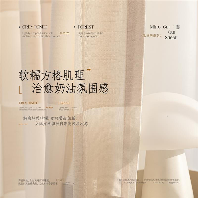 格子镜面纱窗帘阳台纱帘透光不透人纱窗帘半遮光防晒隔热客厅卧室