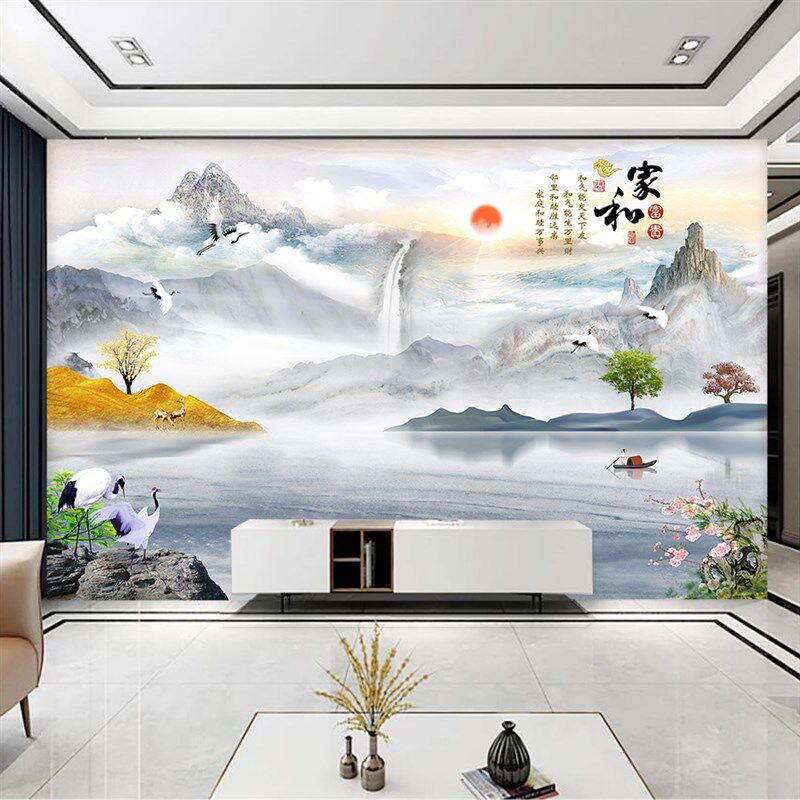家和万事兴中式3d立体背景墙壁画山水画壁布电视墙壁纸客厅墙布