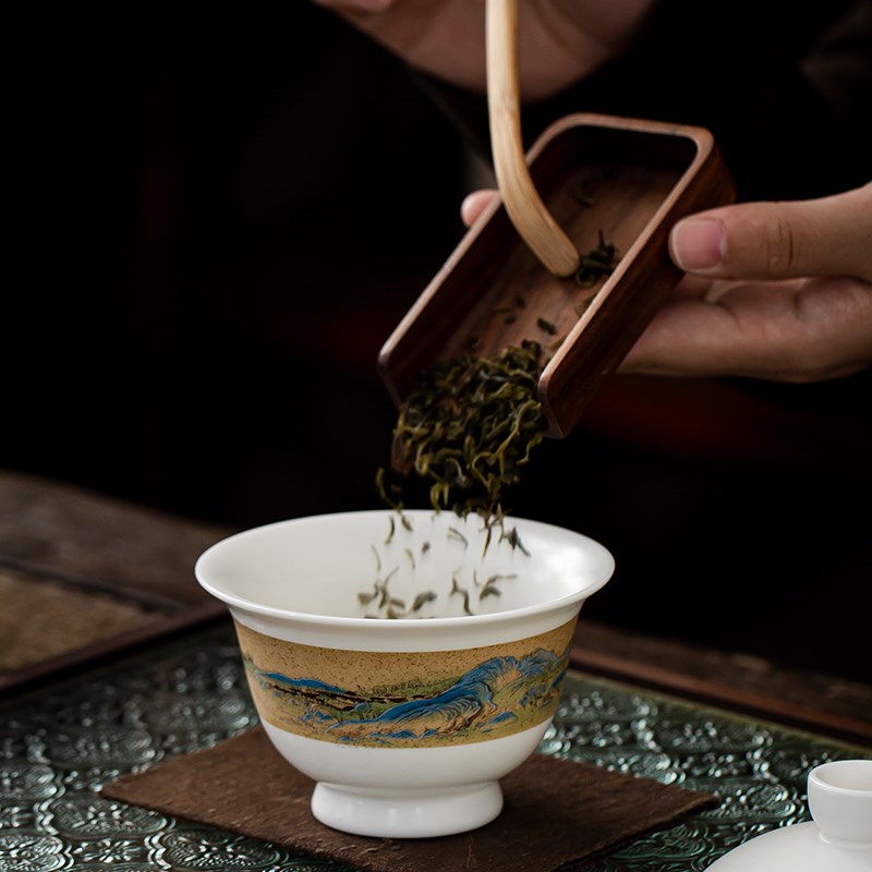 陶瓷盖碗单个高档茶杯三才茶碗带盖泡茶功夫茶具防烫手高端泡茶器
