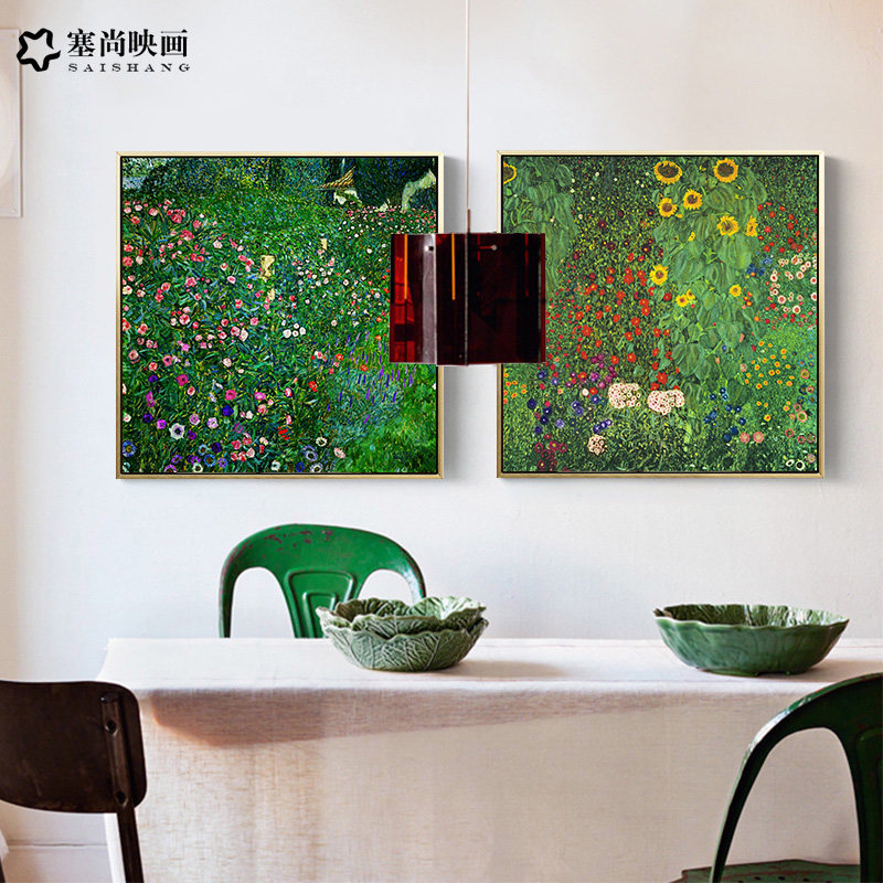 克里姆特客厅绿色风景装饰画北欧小众复古艺术轻奢玄关餐厅挂画