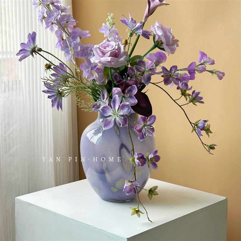 轻奢紫色琉璃花瓶高级感中古风餐桌水养鲜花装饰玻璃花器乔迁礼物