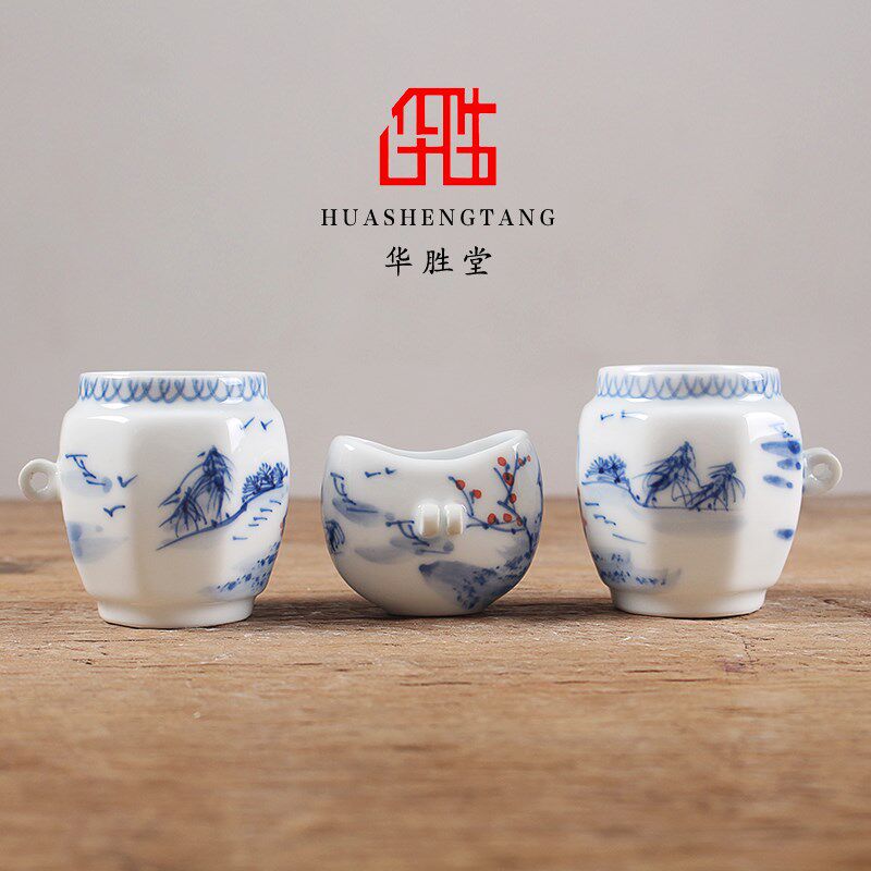 华胜堂 手绘青花山水釉里红图平底画眉鸟食罐喂食器鸟具 鸟笼配件