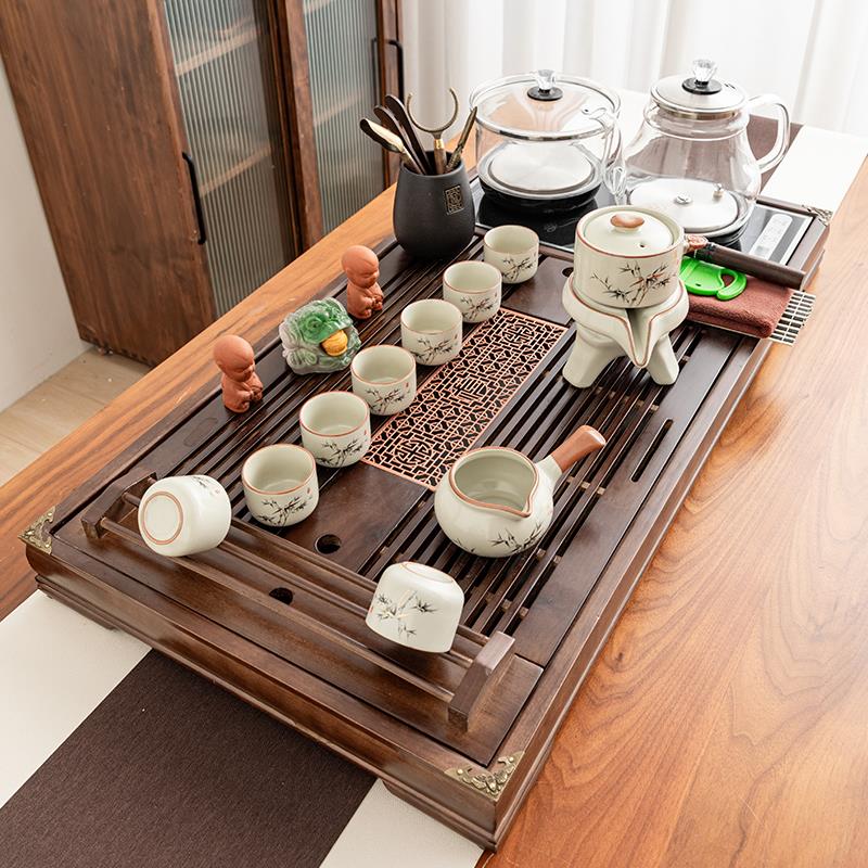 整套汝窑功夫茶具套装玻璃全自动烧水壶一体茶台上水实木茶盘家用