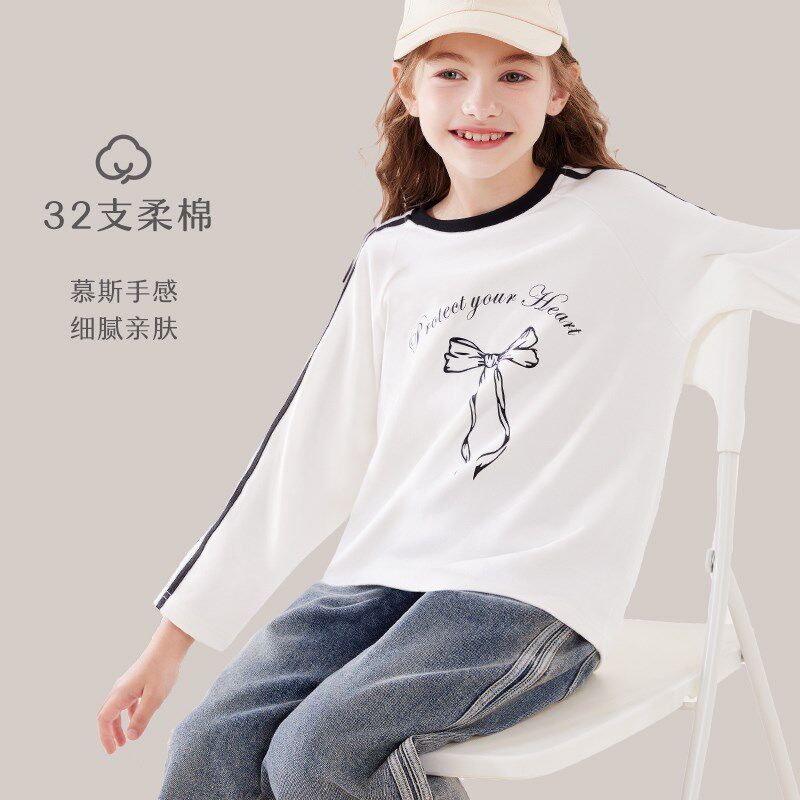 女童长袖T恤秋装2024新款儿童打底衫春秋中大童洋气上衣白色童装