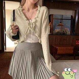 小众短款气质百搭木耳边镂空绑带薄款针织开衫女上衣2025新款荷叶