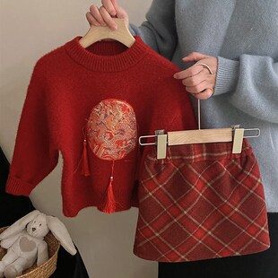 过年服短裙呢料裙洋气半身裙女宝裙 女童洋气百搭红格A字裙新年装