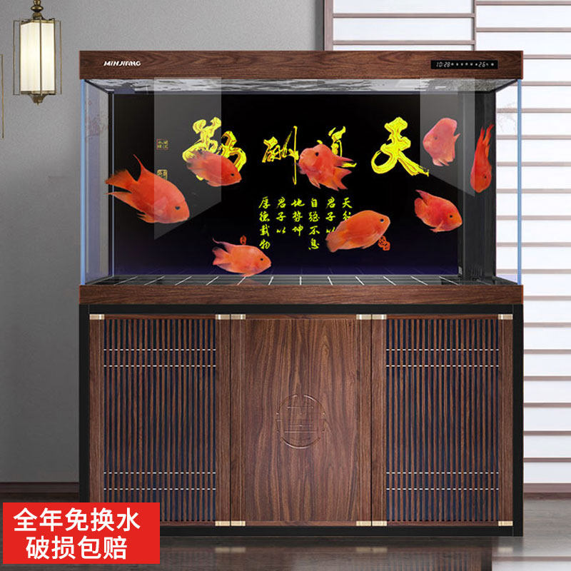 闽江大型水族箱客厅家用中式木纹超白玻璃底滤龙鱼缸1.5/1.8/2米