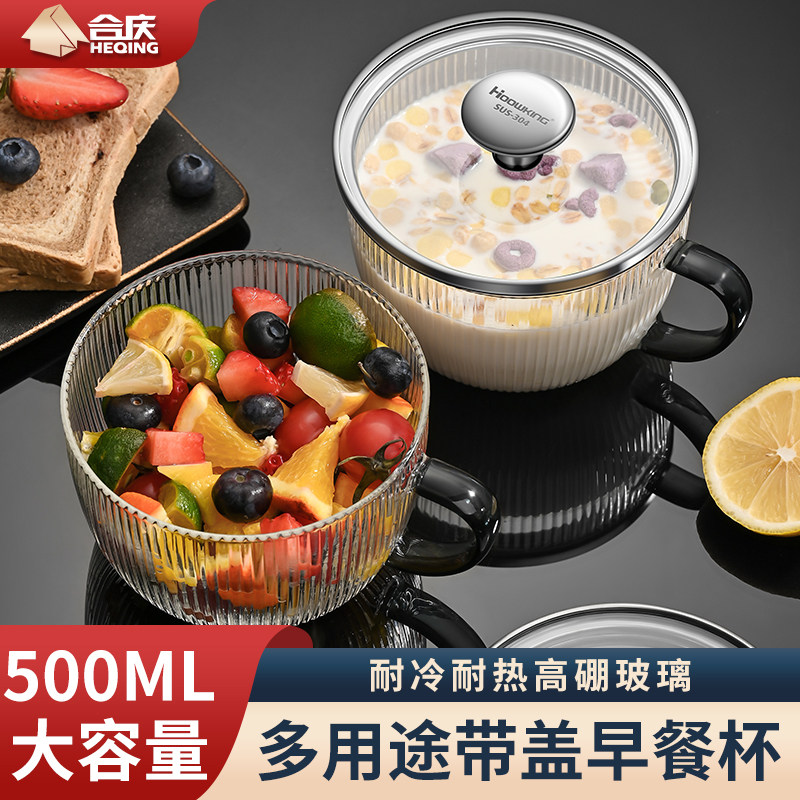 大容量玻璃杯早餐杯子燕麦酸奶家用牛奶杯透明带盖勺带把手咖啡杯