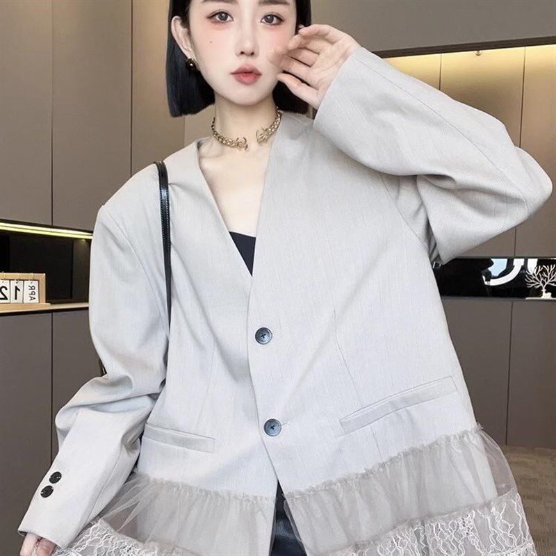 西服女2025春季新款拼接蕾丝网纱外套V领宽松西装中长款长袖上衣