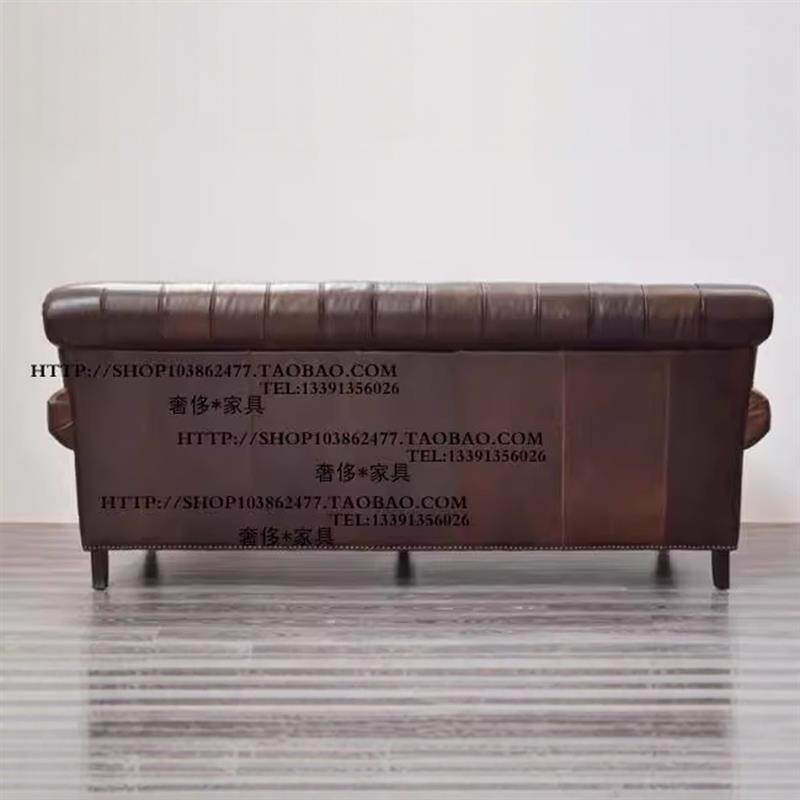 比利时法式乡村铆钉纽扣油蜡皮三人位沙发酒店咖啡厅沙发家具定制
