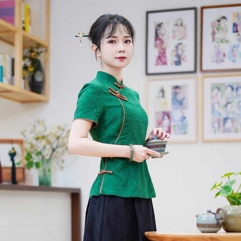 筠雅夏季新款简约清新旗袍式上衣唐装女改良版修身复古素衣24J159