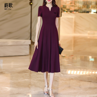 紫红色法式连衣裙夏2024新款高级感收腰显瘦a字裙大摆连衣裙长裙