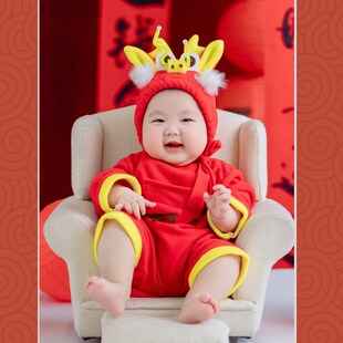 龙年宝宝百天照周岁照拍照服装 龙角帽针织套装 儿童摄影服装 新款