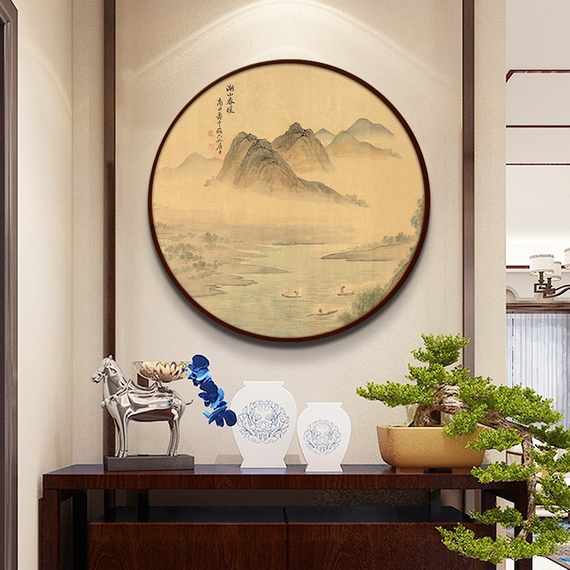 网红网红关箱山水玄挂画遮挡装饰画电表壁画圆形国画背景墙客厅新