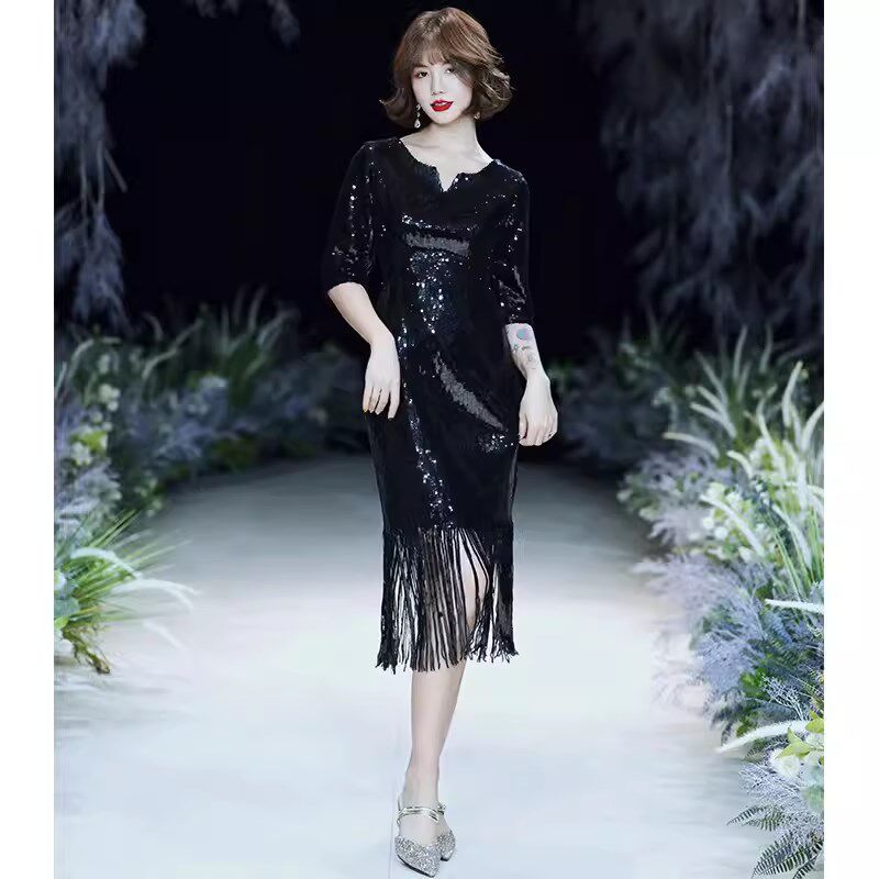 小个子中长亮片晚礼服女气质高级感主持人高腰长裙年会聚会宴会明