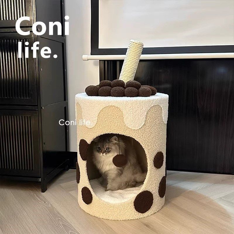 萌宠嘟嘟珍珠奶茶桶猫窝四季通用半封闭冬天保暖安全感猫咪睡屋