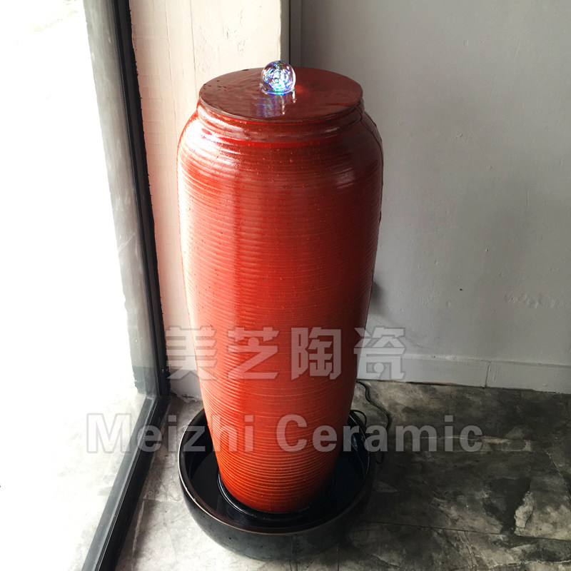 室内红色陶瓷落地加湿器摆件自动循环流水陶罐喷水景观花瓶涌水坛