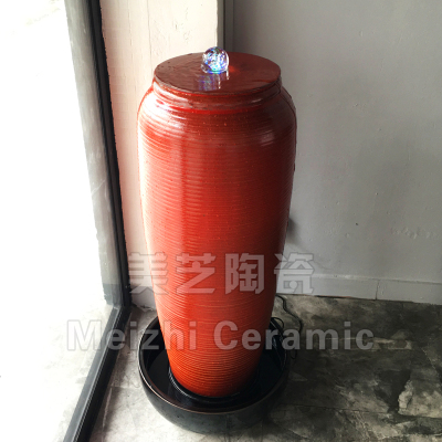 室内红色陶瓷落地加湿器摆件自动循环流水陶罐喷水景观花瓶涌水坛