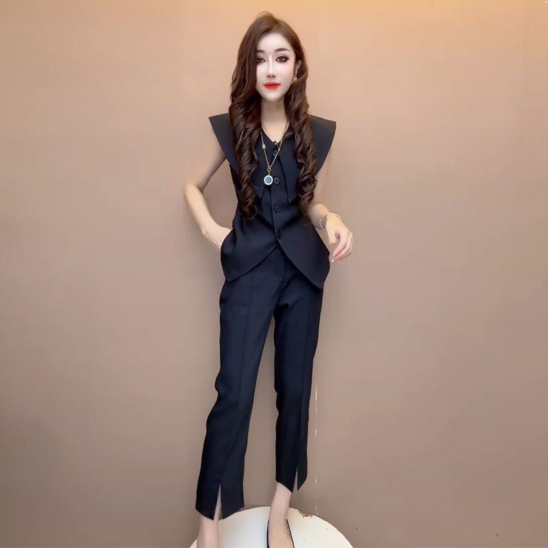 时尚轻奢西服套装女胖mm夏季设计感收腰显瘦无袖上衣开叉休闲裤子