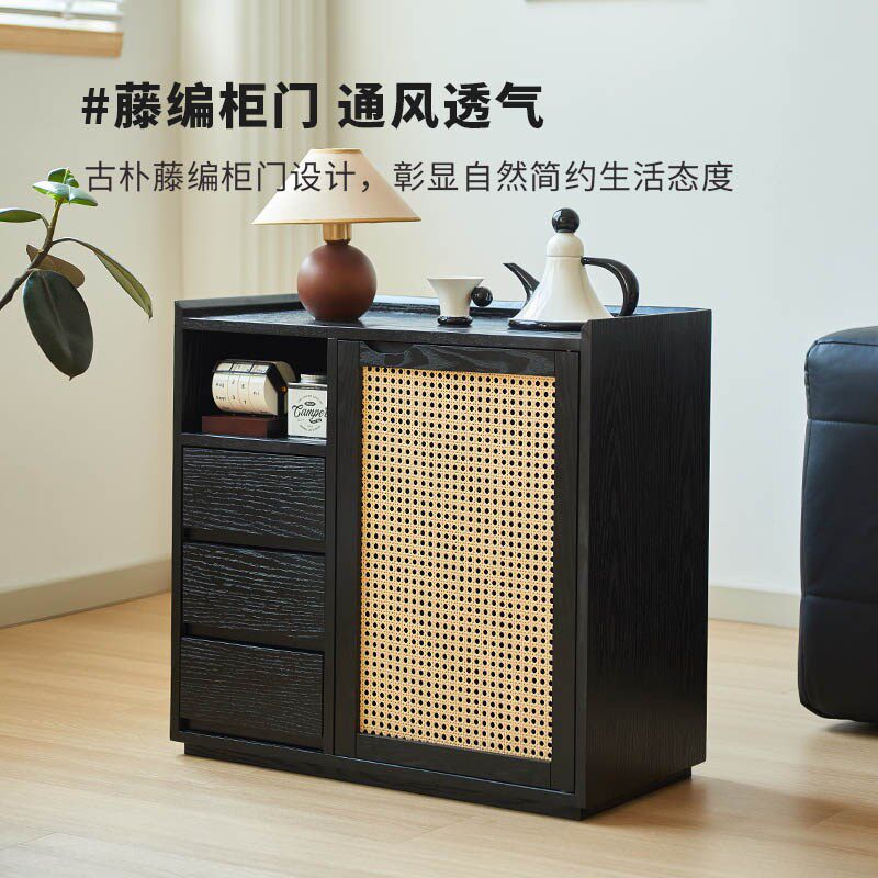 实木茶水柜靠墙一体茶台桌储物柜家用边几柜黑色客厅沙发侧边柜子