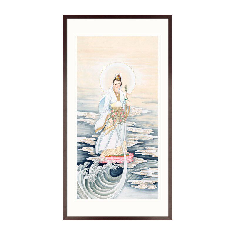 工笔神仙人物国画慈航真人道人画像玄关书房中式卷轴画框装饰挂画