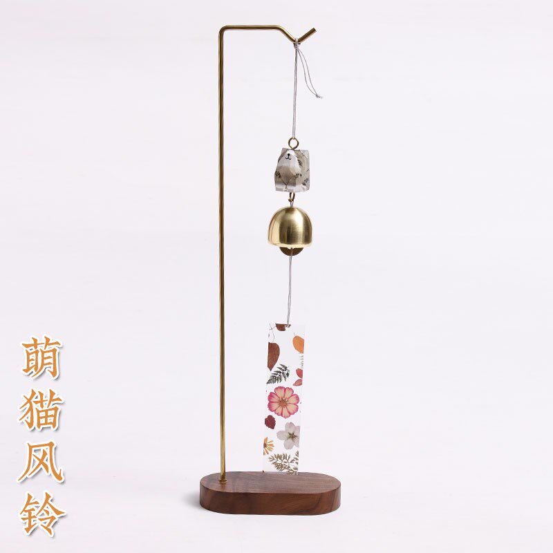 实木雕刻萌猫风铃创意女生日式中式卧室可爱挂件公司门饰黄铜铃铛