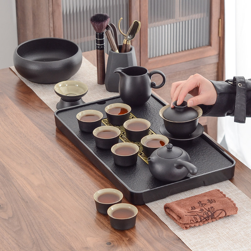 乌金石茶盘功夫茶具套装家用小套送礼盖碗泡茶壶杯办公会客厅礼盒